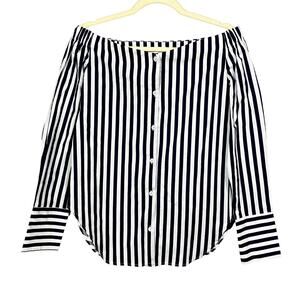 Anself Striped Off shoulder Blouse Button Up Shirt Long Sleeve Casual - M